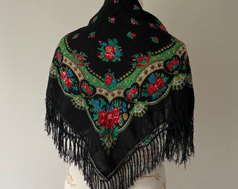 Vintage Black Folk Wool Square Scarf Russian Shawl with Tassels Black Floral Fringed Shawl Gift For Her Vintage accesories