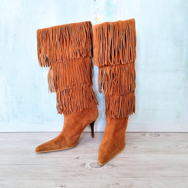 Vintage Pointed Toe High Heel Cowboy Boots Tan Suede Hight Boots Western Cowgirl High Heel Layer Fringe Boho Boots Size EU 36 / UK 4 / US 6
