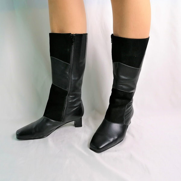 Vintage Kniehohe Lederstiefel Damen Schwarz Leder Wildleder Streifen High Heel Square Toe Boots Größe EU 38 / UK 5 / US 7 Vintage Kleidung