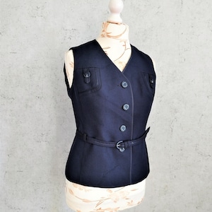 Vintage 70s Navy Blue Wool Blend Vest: Fitted Belted Waistcoat