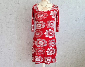 Vestido vintage de tela de rizo con estampado floral: rojo y blanco, talla XS/S para piscina de verano