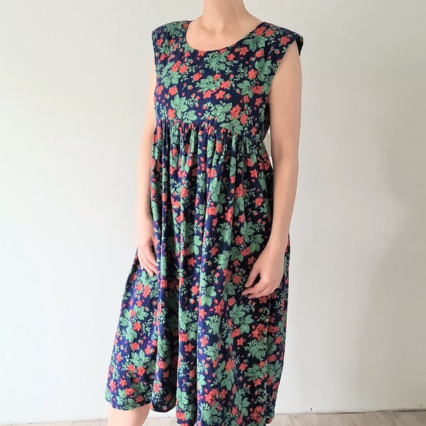 Vintage Navy Floral Dress Flannel Dress Floral Jumper Dress Sleeveless Summer Casual Dress Size Large Boho Bohemian Dress Vintage Clothing