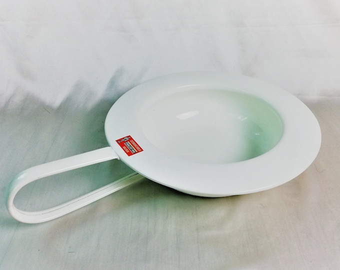 Vintage White Enamel Bedpan With Long Handle / Metal Urinal Pan