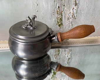 Vintage Pewter Wood Handle Pot Pann Rein Zinn Germany Pewter Lidl Pot with Wooden Handle Lidle with squirrel Design Rustic Country Kitchen