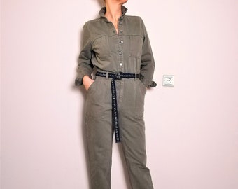 Army Green Cotton Jumpsuit: Long Sleeve Workwear Dungarees (S/M)