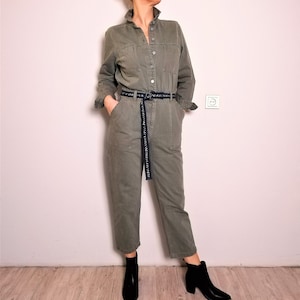Army Green Cotton Jumpsuit: Long Sleeve Workwear Dungarees (S/M)