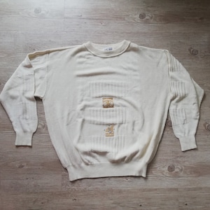 Vintage 90s Cotton Knit Pullover: Ivory Geometric Sweater, Made in Italy
