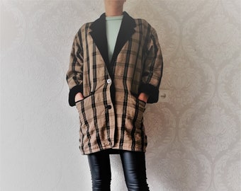 Vintage 80s Brown Tartan Plaid Blazer Jacket Women Checkered Lightweight Oversized Jacket Size Large Made in West Germany Vintage Clothing