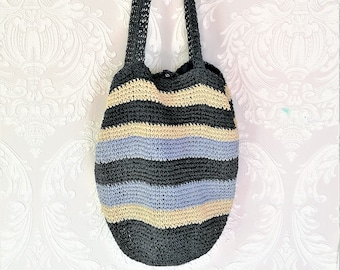 Vintage Handmade Woven Paper Tote Striped Natural Eco friendly Beach bag Woven Summer Market Bag Bohemian Tote Large Bag Traveler