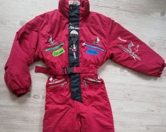 Tuta da sci vintage Droopy: tuta da neve intera color bordeaux, taglia 8-10 anni