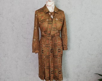 Vintage 70s Brown Paisley Floral Pussybow dress Pleated Skirt Dress Long sleeves Midi Dress Size Small Vintage Clothing Women