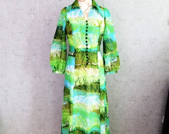 Vintage 70s Chiffon Maxi Dress: Green Balloon Sleeve Party Dress