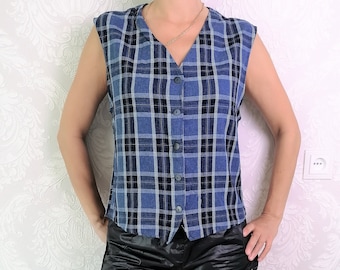 Vintage Denim Vest Women 90s Plaid Blue Jeans Waistcoat Lightweight Denim Cotton Vest Size Large Retro Vest Vintage Clothing Women