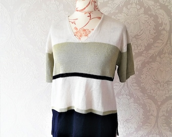 Vintage 90s Striped Knit Top: Relaxed Fit Short Sleeve Sweater