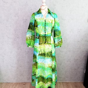 Vintage 70s Chiffon Maxi Dress: Green Balloon Sleeve Party Dress