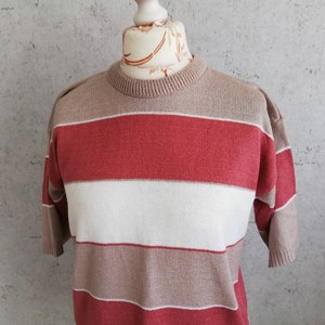 Vintage Striped Knit Top: Oversized Short Sleeve Sweater, Large
