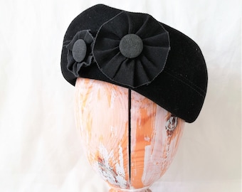 Vintage Wool Beret: Black Pearl Accent, Made in Hong Kong 