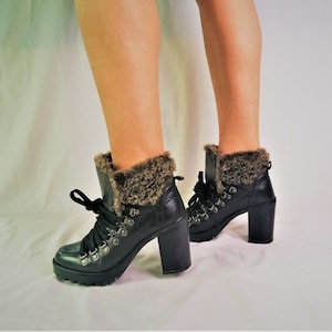 Lace up Lug Boots With Faux Fur Leather Ankle Boots Women Black