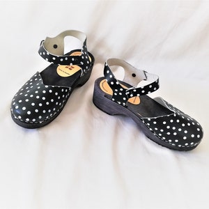 Polka Dot Leather Clogs: Swedish Wooden Platform Ankle Strap Heels (EU 38 / US 7)