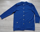 Vintage Electric Blue jacket Elegant Wool Cardigan Long Size L Large Warm long coat with silver tone metal buttons Pure new Wool Coat