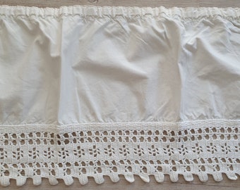 Vintage White Cotton Cafe Curtain: Handmade Crochet Lace Edge