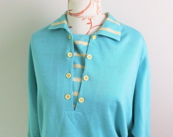 Vintage 90s Light Blue Collared Sweater Bat Sleeve Oversize Sweater with Buttons Details Size Medium Women 90s Clothing Women