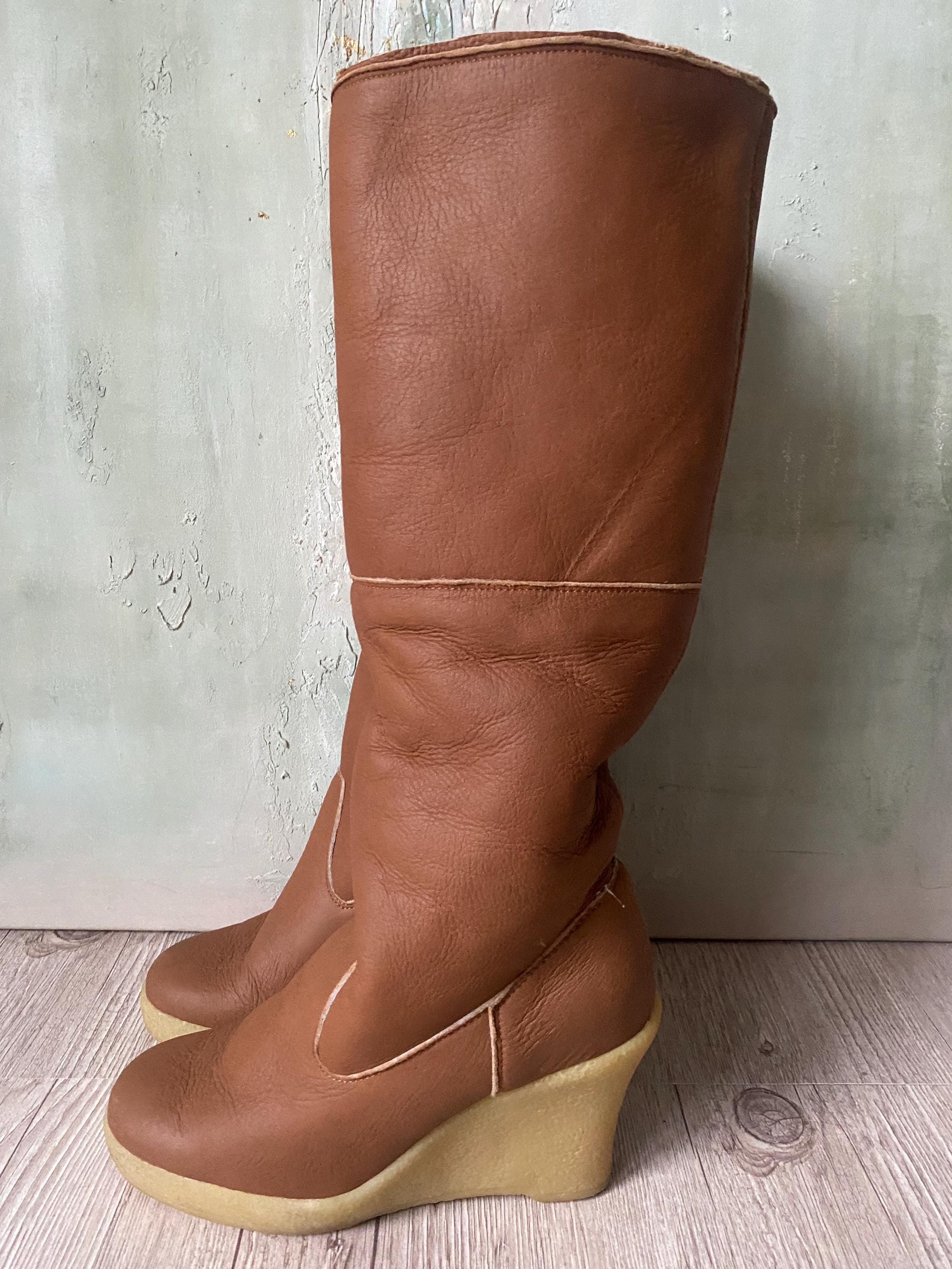 Vintage 70s Shearling Leather Wedge Boots - Tan Tall Winter