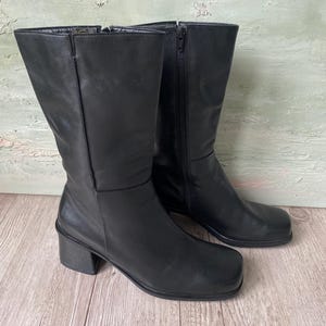 Vintage Black High Block Heel 90s Leather Boots Womens Square Toe Chunky Heel boots Women Size EU 41 / UK 7.5 / US 10 Vintage Boots