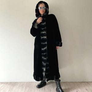 Vintage Black Faux Fur Long Coat Overcoat with hood Size Large 90s Mob Wife style Old Money Luxurious Winter Outerwear Full Length Coat