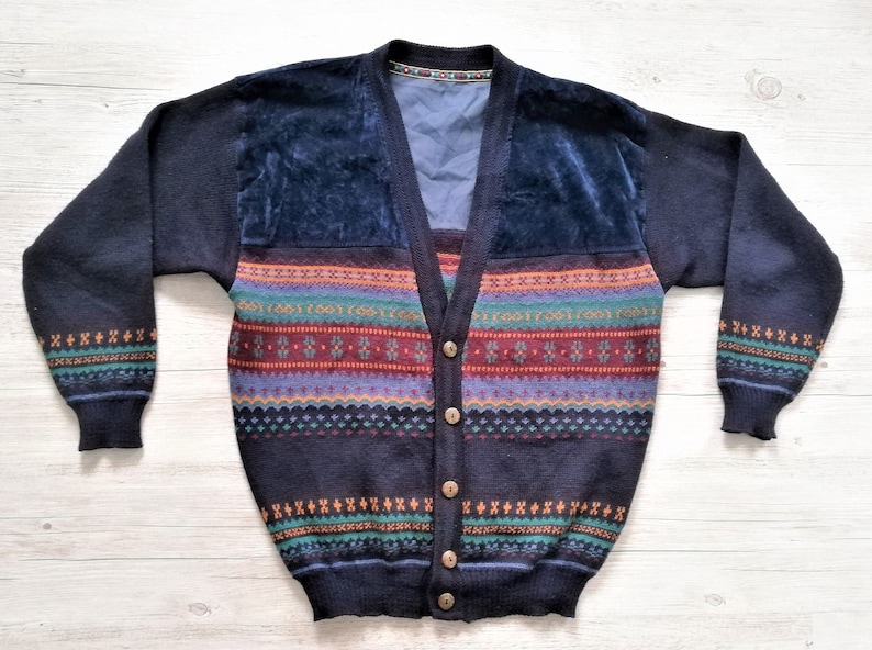 Vintage Striped Cardigan Sweater Men 90s Knit Patterned Grandpa Button Up Cardigan Sweater Size Medium Made in Sweden Mens Vintage Clothing