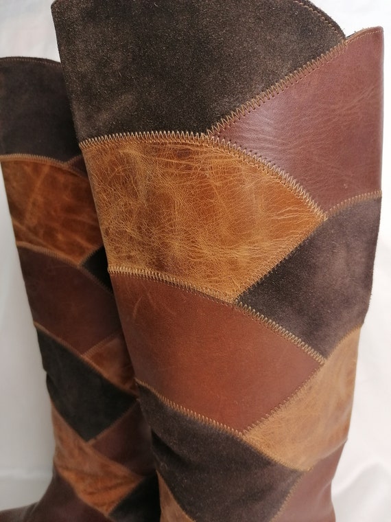 Vintage Brown Patchwork Knee High Boots Rider Boo… - image 5
