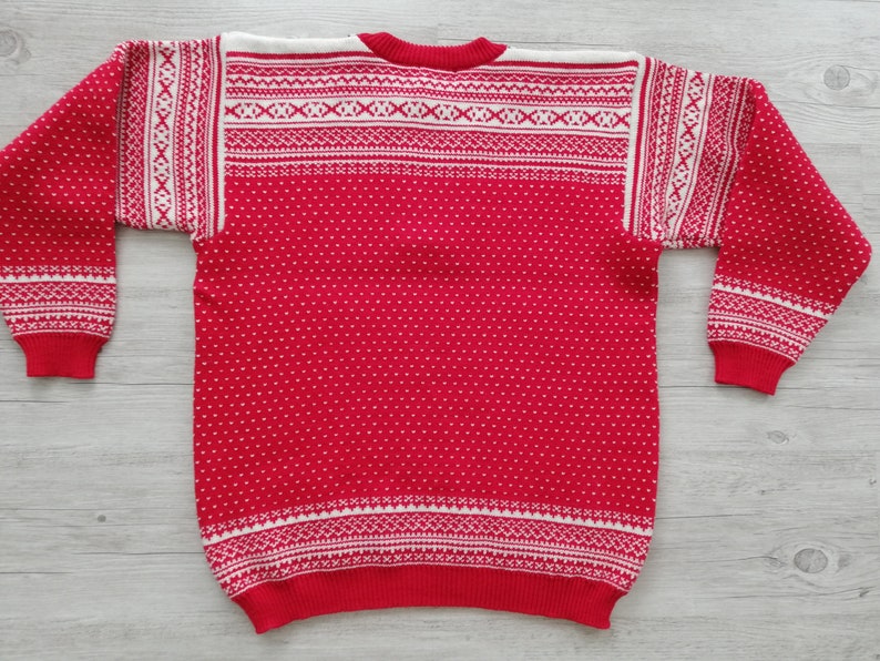 Vintage Norwegian sweater Scandinavian wool Sweater Nordic pattern sweater Red white Knit Sweater Wool cardigan Size Large