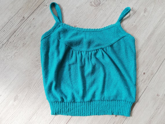 Vintage Turquoise knit Top Women Knitted Crop Tan… - image 5