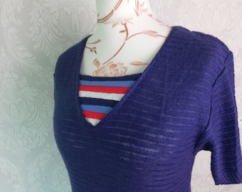 Vintage 80s Knit Top: Navy Blue Ribbed Shirt, Made in Finland, Size Small