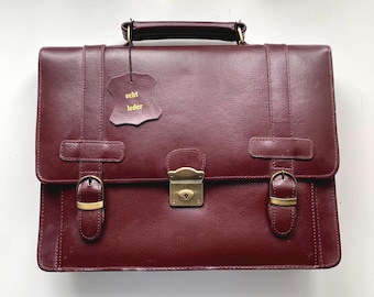 Vintage Burgundy Genuine Leather Briefcase | Classic Satchel Laptop Bag with Lock