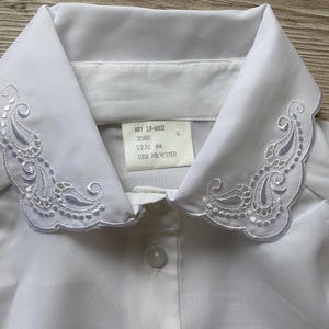 Vintage Embroidered Collar Blouse: Romantic Sheer White Top, Made in England (Size Medium)