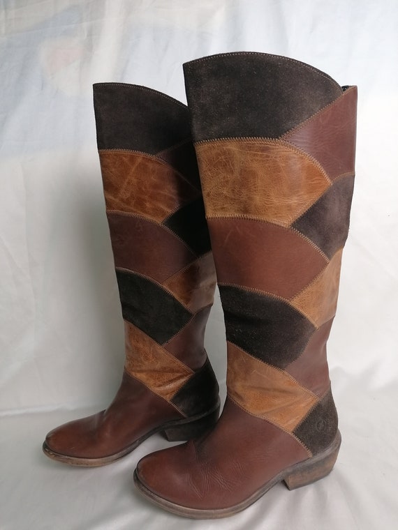 Vintage Brown Patchwork Knee High Boots Rider Boo… - image 4