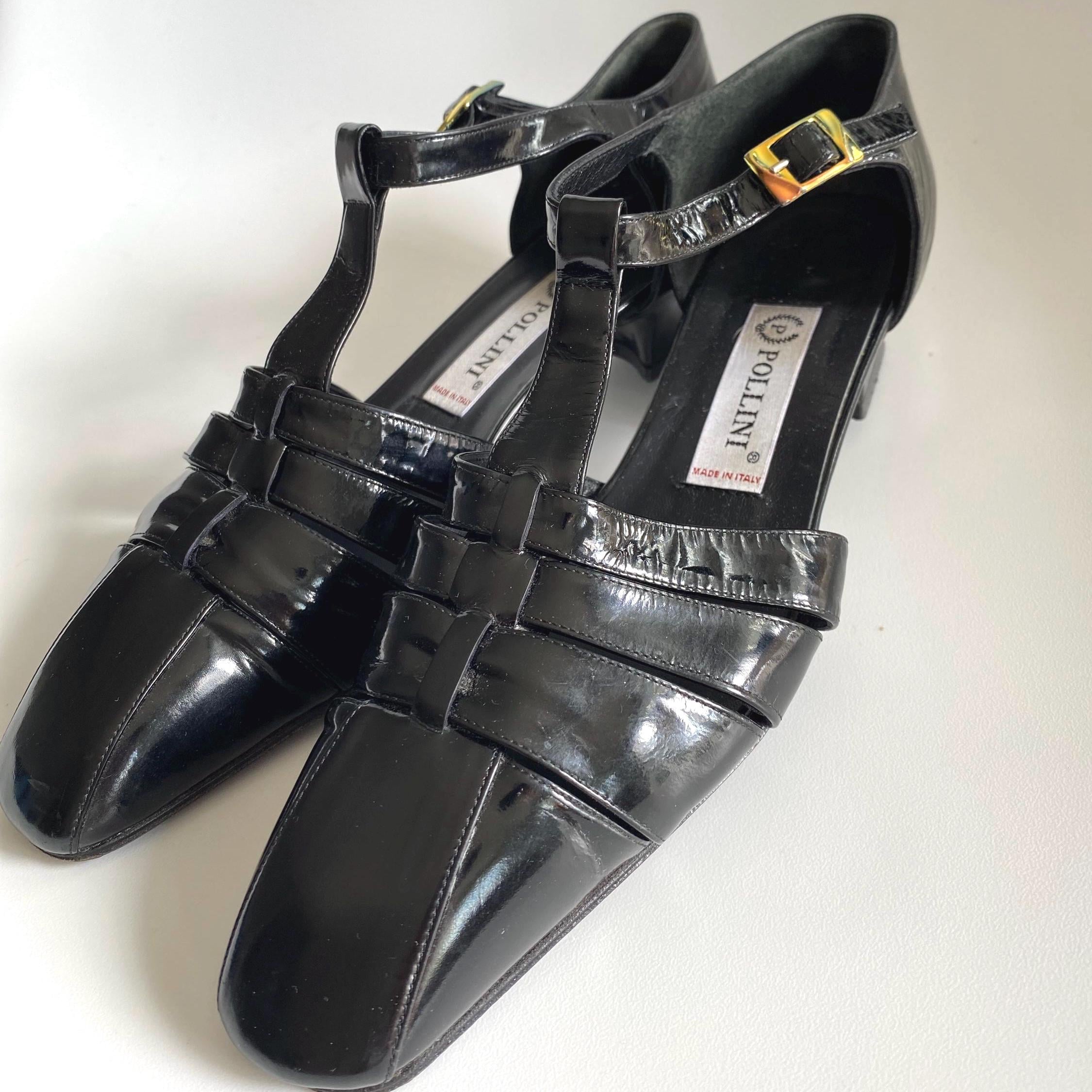Vintage Schwarz Matt Leder T Strap Schuhe Sandalen Lange Kappe Heels Größe EU 40.5 / UK 7 / US 9.5 Damen Schuhe Made in Italy