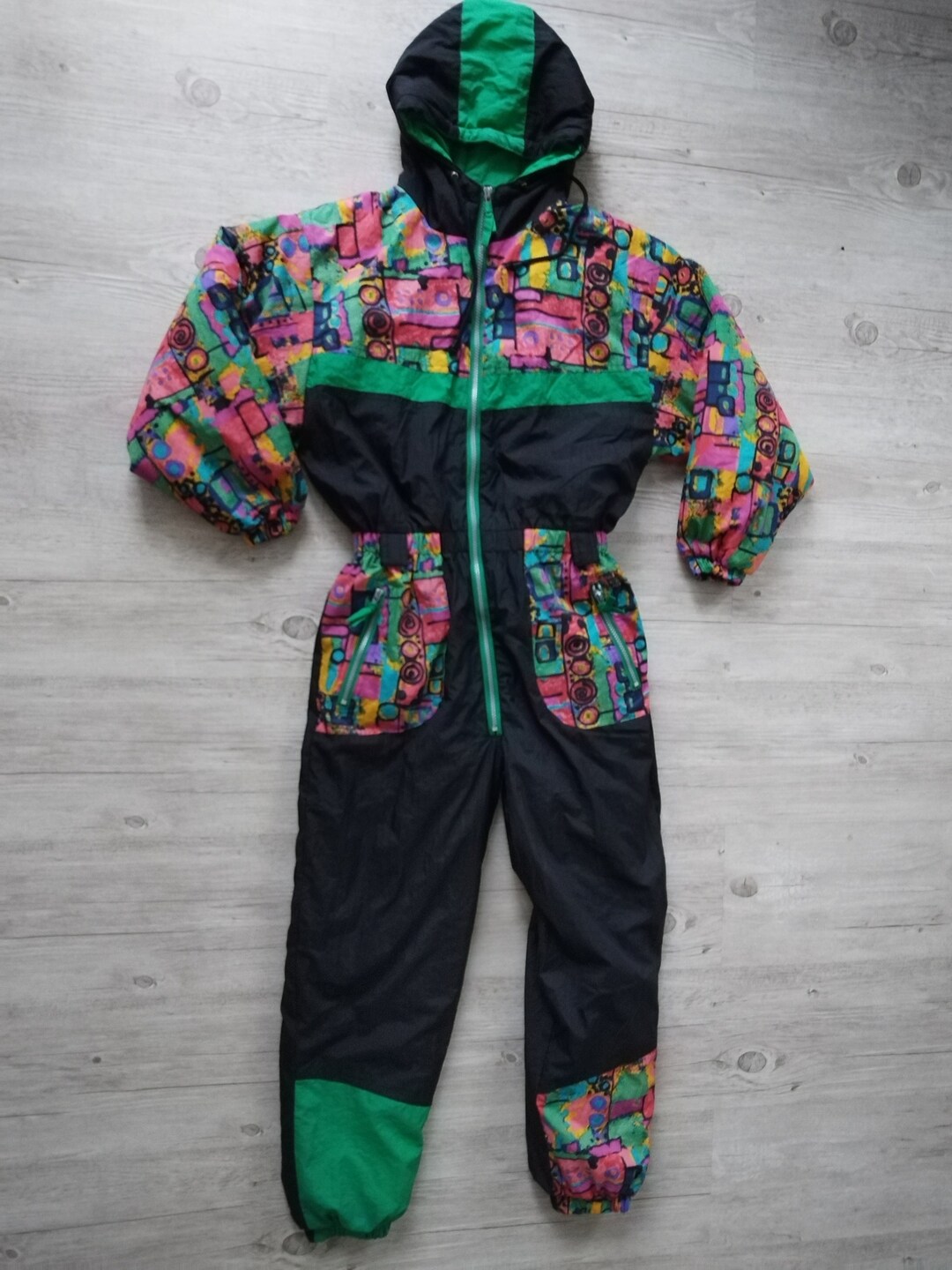 Vintage Ski Suit Junior 90s Waterproof Colorblock One Piece Overall Snowsuit Padded Outwear