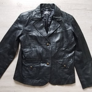 Vintage Black Leather Blazer Jacket: Fitted Midi Coat (M/L)