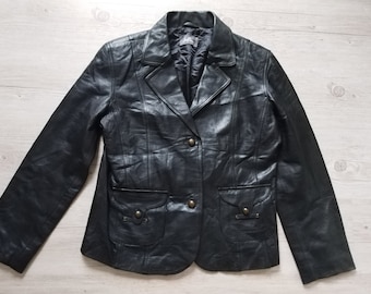 Vintage Black Leather Blazer Jacket: Fitted Midi Coat (M/L)