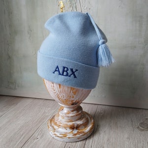 Vintage 80s Light Blue Knit Ski Beanie with Pompom