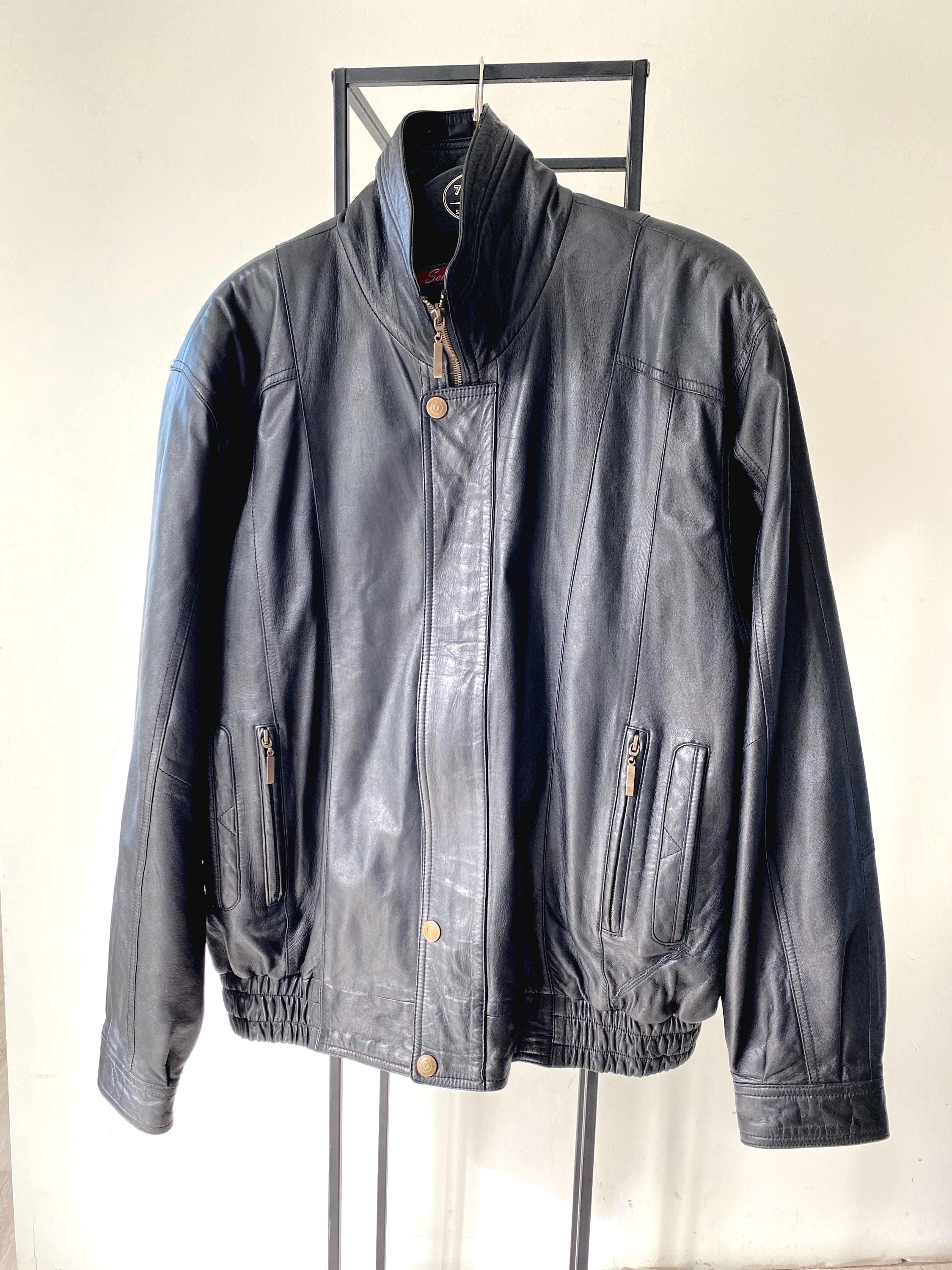 Vintage 90s Black Leather Bomber Jacket: Men's Size Large - Etsy