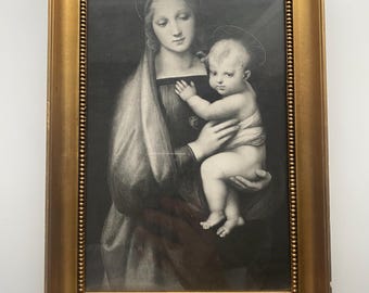 アンティークプリント、聖母子像（額入り） - 1922年 - 宗教的壁画