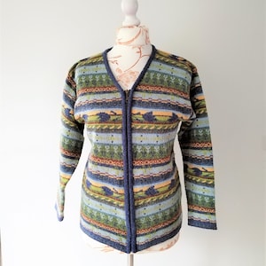 vintage zip up cardigan Strip Knit Wool Acril Cardigan Sweater Femmes Paterné Coloré Automne Cardigan Taille Moyenne vintage Vêtements