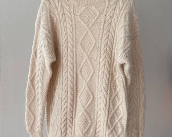 Vintage Chunky Cable Knit Fisherman Sweater: Hand-Knitted Wool Jumper, Large