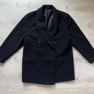 Vintage Black Wool Coat Jacket Women 80s St. Michael Double Breasted Middle Length Overcoat Size Medium Made inWest Germany Vintage Clothing