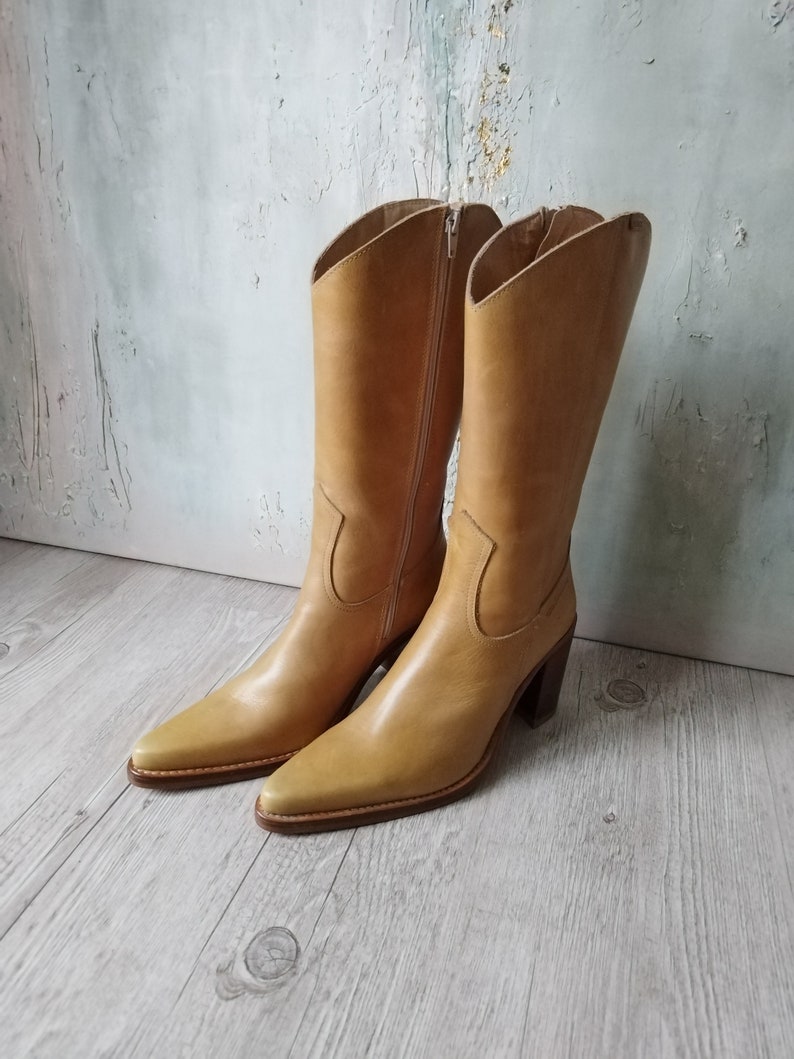 Destroy Boots Cowboy Boots Camel Brown Leather Pointed Toe Heeled Tall Boots Made in Spain Size US 10.5 / UK 8.5 / EU 41 Women Clothing