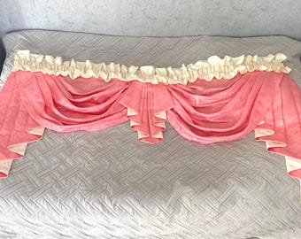 Antique Pink Brocade Window Valance: Art Deco Silky Curtain (68x42in