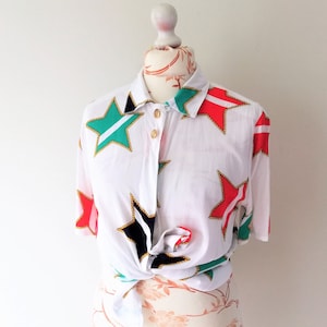 Vintage White Stars Blouse Vintage 80s Shirt Button Up Shirt Size XS - S  Oversize Viscose shirt Vintage Clothing Women